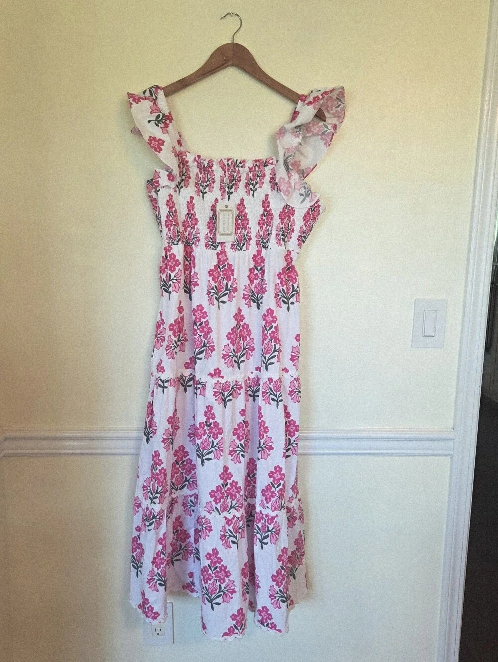 Sail to Sable Debra Smocked Midi Dress Cotton hibiscus block print